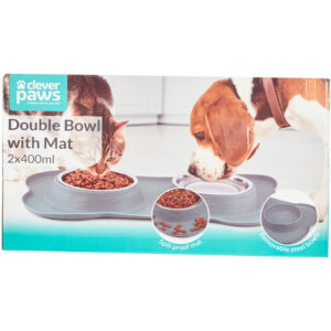 Clever Paws Double Bowl with Mat - Grey